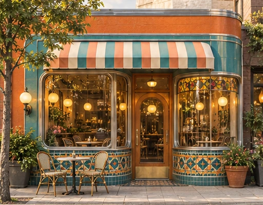 Storefront concept with curved frames, mosaic detail and a striped awning