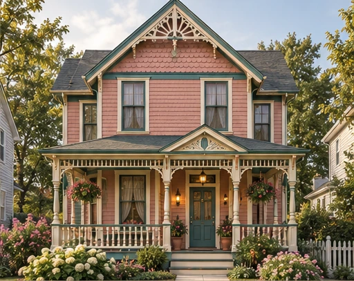 House concept with gable ornament, textured siding and a detailed porch