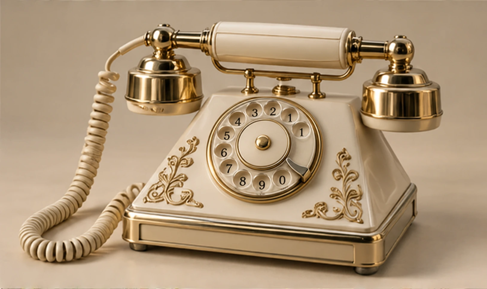 Rotary-style telephone concept with brass ornament and a sculpted cradle