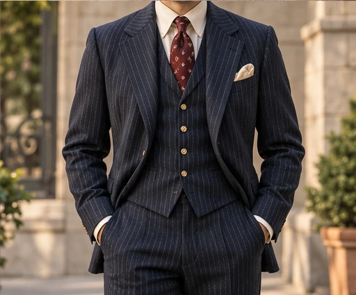 Anonymous figure in a pinstripe three-piece suit, patterned tie and pocket square